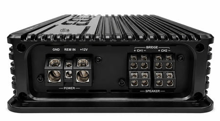 Deaf Bonce Machete Fight 350.4 amplifier, rear panel with power and speaker terminals