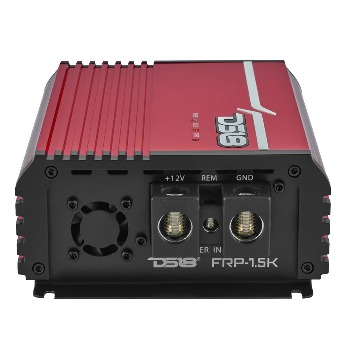 DS18 FRP, rear panel showing power terminals, cooling fan and red heatsink finish
