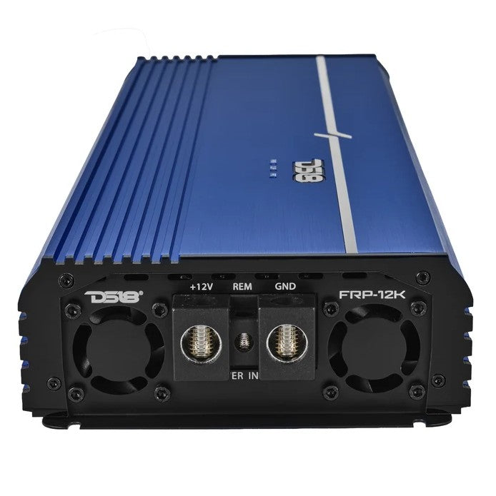 DS18 FRP-12K/BL amplifier, front panel with dual cooling fans and power terminals