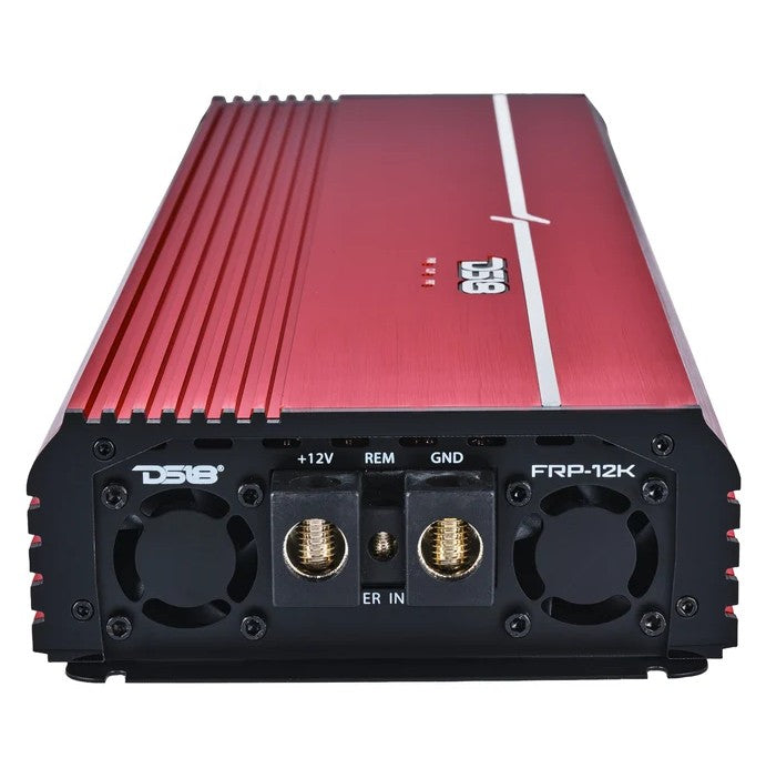 DS18 FRP-12K/RD, rear view showing power terminals, dual cooling fans and logo