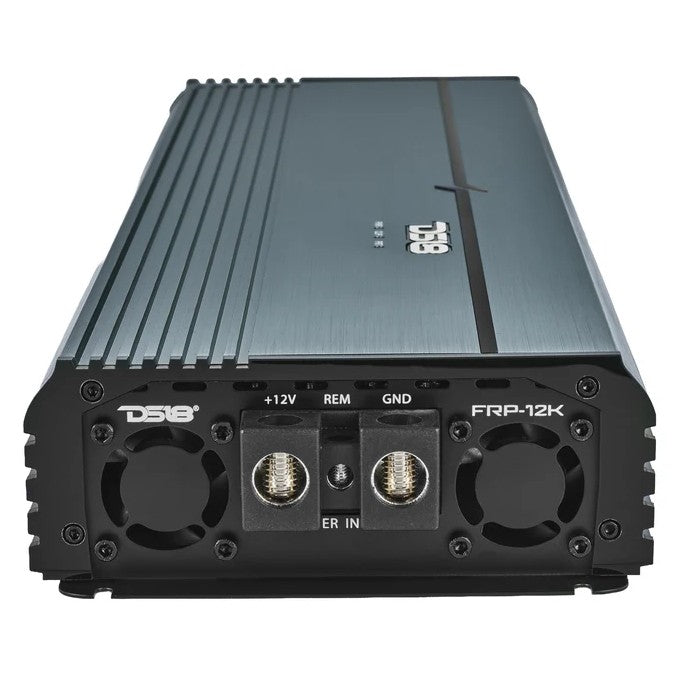 DS18 FRP-12K/TI amplifier front panel with power terminals, cooling fans and logo badge