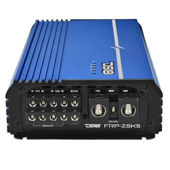 DS18 FRP Full Range 5ch Amp, angled rear view showing terminal inputs and power connections