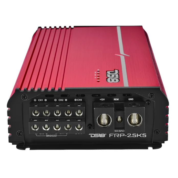 DS18 FRP Full Range 5ch Amp, angled rear view showing terminals, power input and heatsink fins