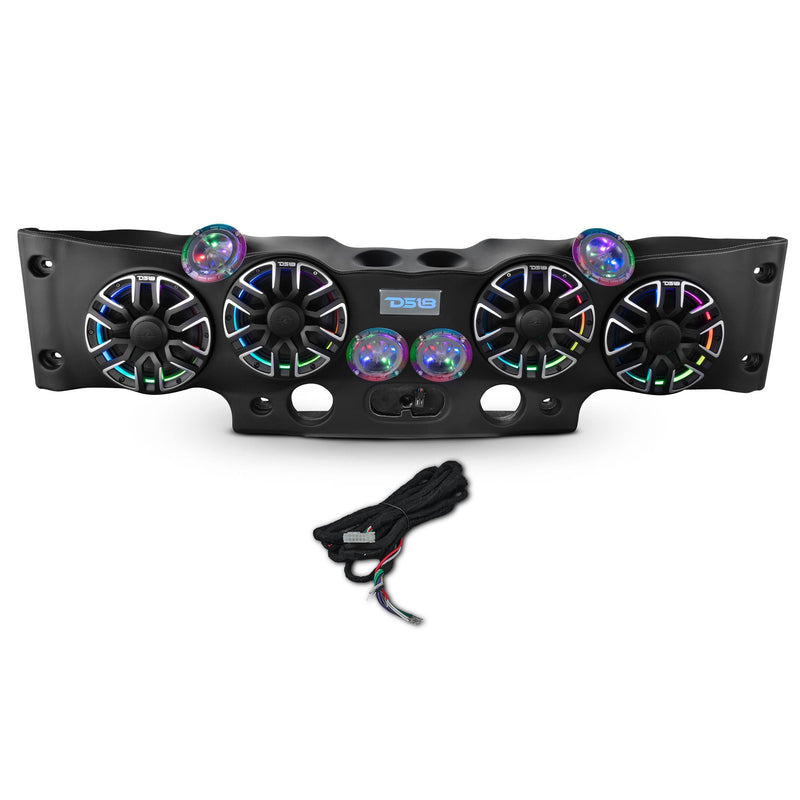 Car dashboard panel with RGB lights and wiring on a white background