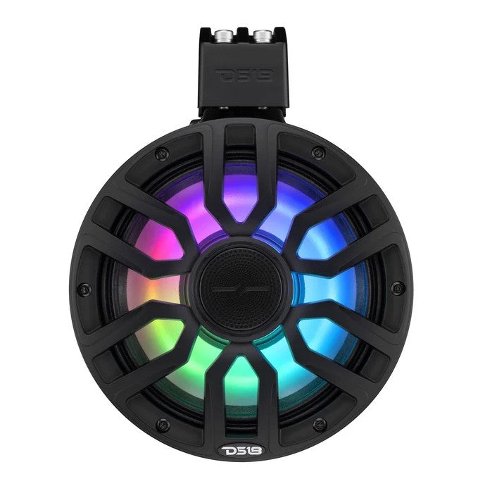 DS18 NXL-iQ speaker, front view showing grille, cone, and RGB lighting with mounting bracket