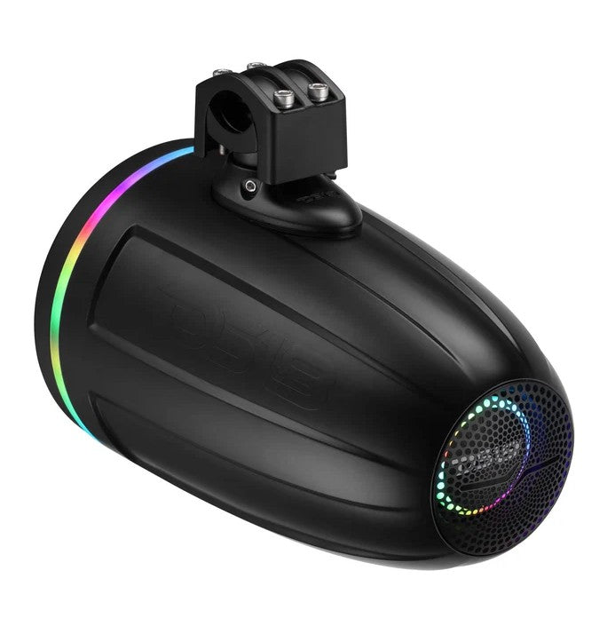 DS18 NXL-iQ tower speaker, rear angled view showing tweeter grille and top LED strip lit up