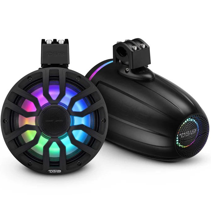 DS18 NXL-iQ tower speaker, pair shown with grille facing front and rear housing view, RGB lights lit