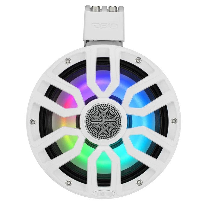 DS18 NXL-iQ Marine Tower Speaker, front view of grille with multicolor LED lighting and mount