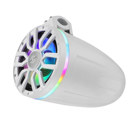 DS18 NXL-iQ Marine Tower Speaker, side profile showing cone, grille, and colorful LED accents