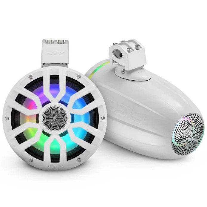 DS18 NXL-iQ Marine Tower Speaker, front and rear angled view showing grille, LEDs, and mounting bracket