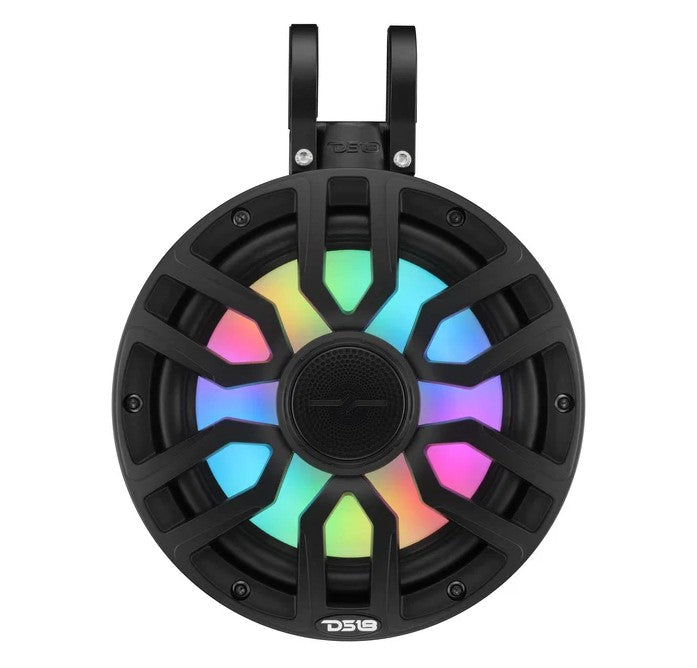 DS18 NXL-iQ tower coaxial speaker, front view with mounting clamp, RGB LEDs lit