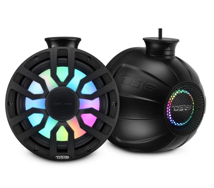 DS18 NXL-iQ pair, front grille view with lit LEDs and rear housing with logo