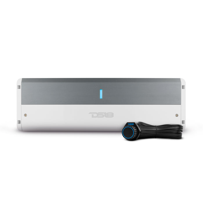 DS18 NXL-M5 Marine Amplifier Stereo Full Range 5-Channel Class-D 3600W Total Watts Peak IPX5 LED Clip Indicator- Waterproof Remote Level Bass Knob Included