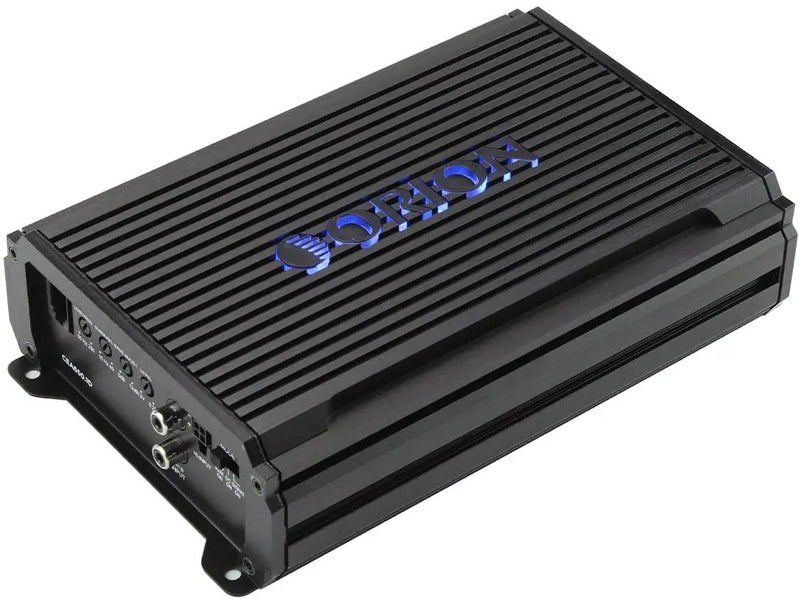 Orion Cobalt Elite amplifier, angled view showing heatsink fins and glowing blue logo