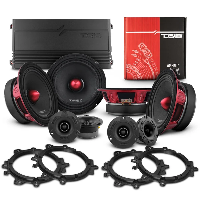 DS18 PKG-PROX62 Pro Audio Speaker + Tweeter Bundle: 6.5" Midrange Speakers and 3.8" Bullet Tweeters with OEM Speaker Adapters, Amplifier, and Wiring Kit