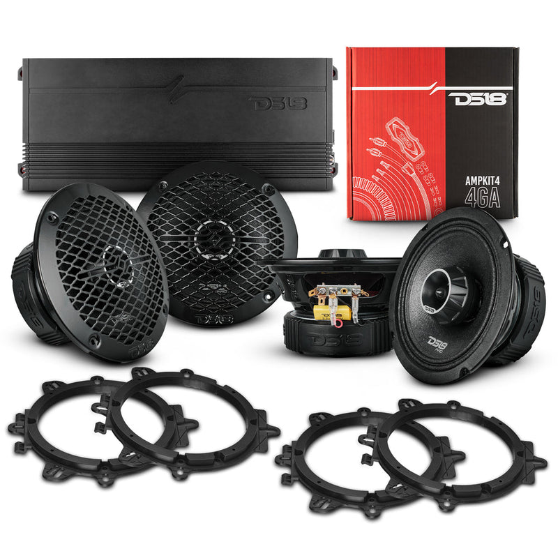 DS18 PKG-PROZT62 6.5” Pro Midrange Coaxial Speakers Kit – High Sensitivity, Built-In Amplifier, OEM Adapters, 4 Ohm Car Audio Upgrade