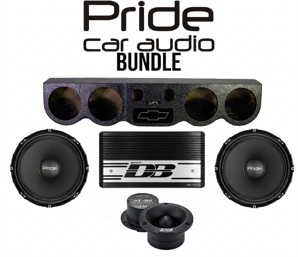 Pride Car Audio Bundle – 38" Universal Sound Bar Pod + (2) Solo 300 6.5" 300W Midrange Speakers + AT-32 Tweeters + Machete Fight MFA-4.320 4-Channel Amp