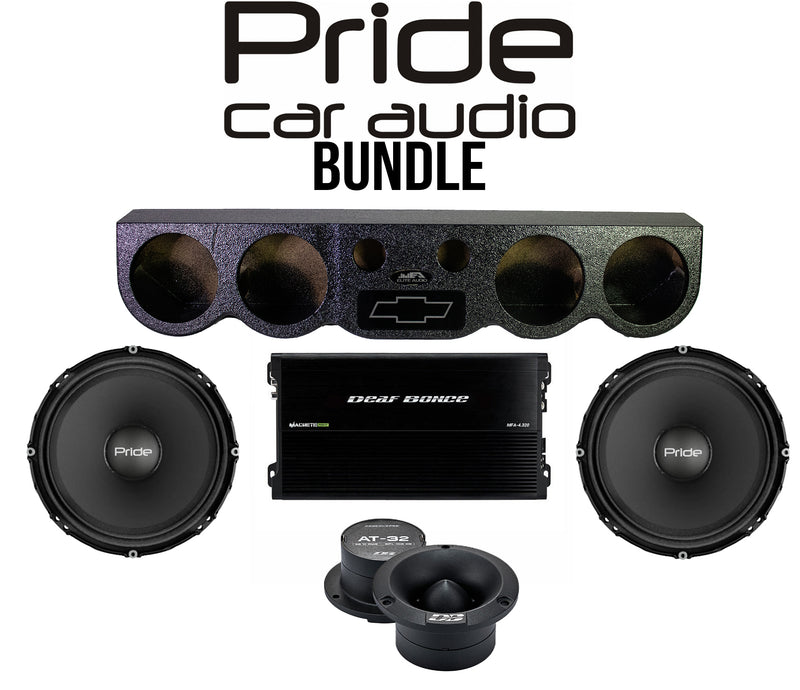 Pride Car Audio Bundle – 38" Universal Sound Bar Pod + (2) Solo 300 6.5" 300W Midrange Speakers + AT-32 Tweeters + Machete Fight MFA-4.320 4-Channel Amp