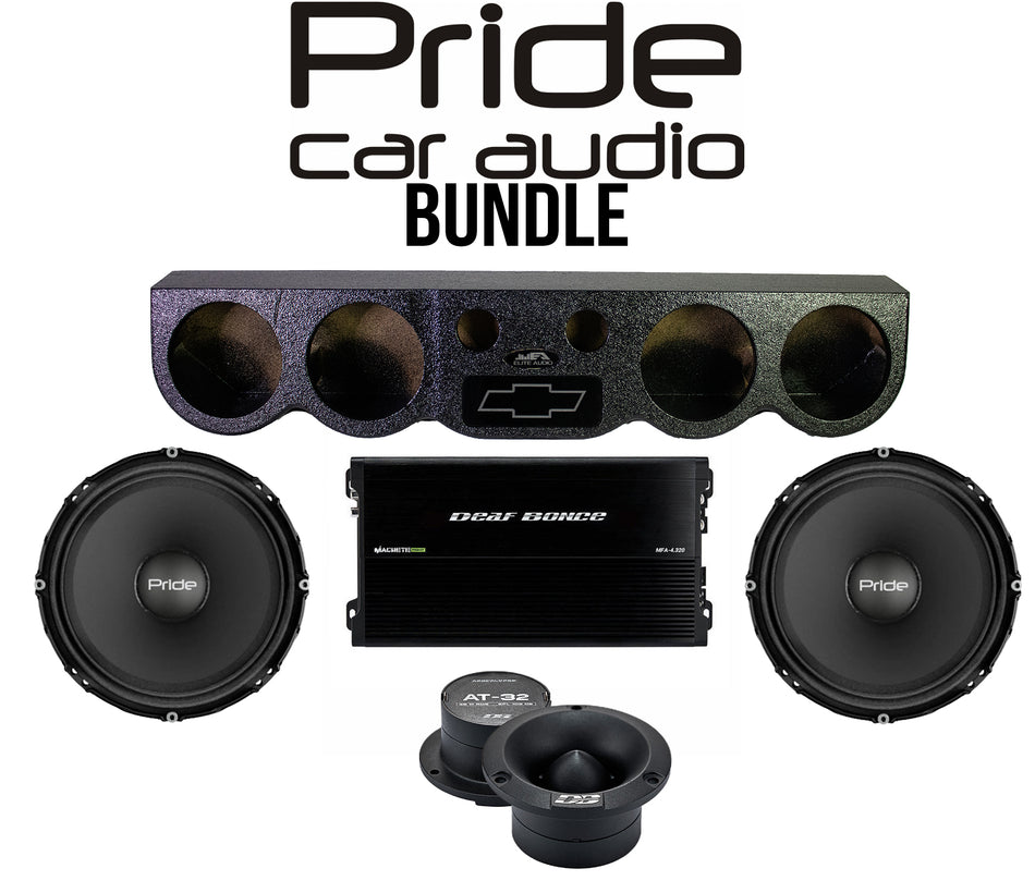 Pride Car Audio Bundle – 38" Universal Sound Bar Pod + (2) Solo 300 6.5" 300W Midrange Speakers + AT-32 Tweeters + Machete Fight MFA-4.320 4-Channel Amp