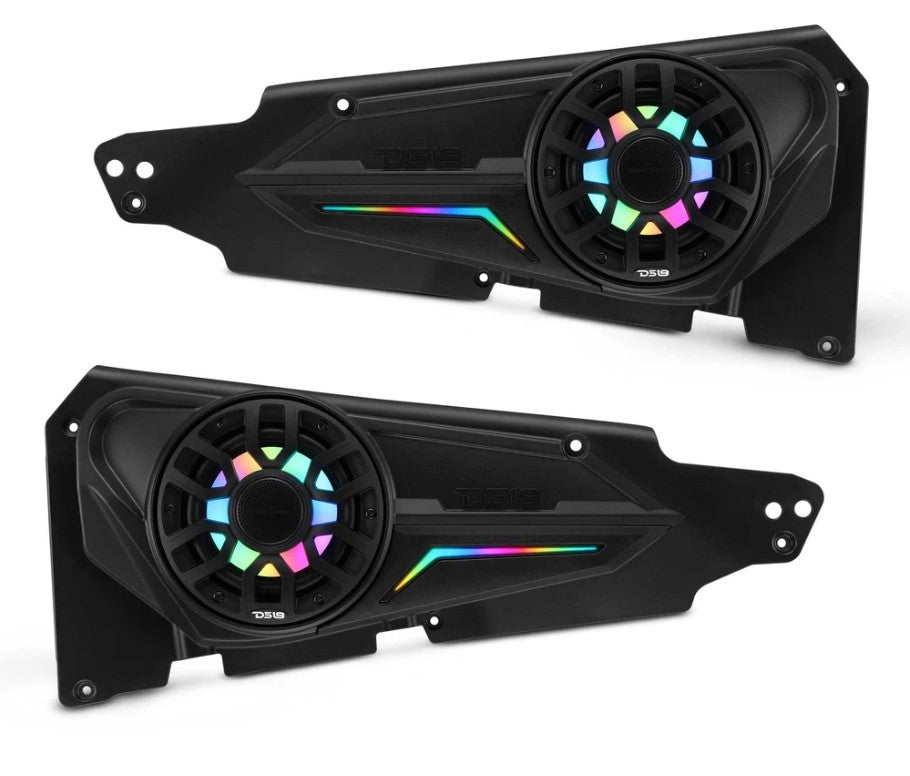 Polaris Front Door Panels with 6.5 inch NXL-iQ speakers, pair shown at angled view with RGB lighting lit