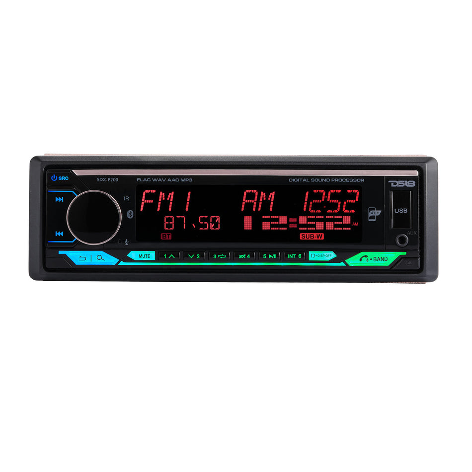 DS18 High Power 240 Watts RMS (4 x 60) Digital Media Receiver | Single Din | DSP | APP | Bluetooth Audio and Calling Head Unit | Aux Input | USB | Mechless | AM/FM Radio Receiver | 3V + 3.5V Subwoofer
