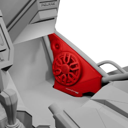 Polaris Slingshot Front Kick Panel Speaker Pods, installed red panel with speaker inside vehicle footwell
