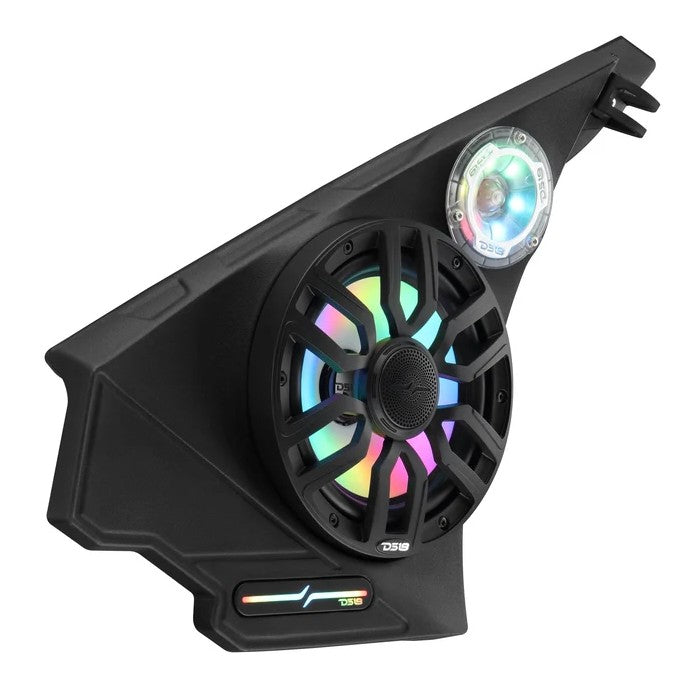 Polaris Slingshot Front Kick Panel Speaker Pods, angled view of woofer with colorful LED lighting