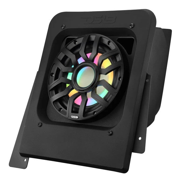 DS18 Polaris Slingshot subwoofer enclosure, angled view showing mounting bracket and lit grille