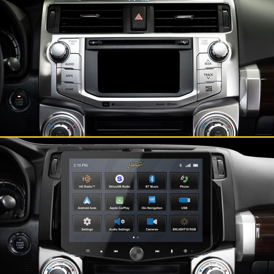 Toyota 4Runner Installation Kit, before and after comparison of factory dash versus touchscreen upgrade