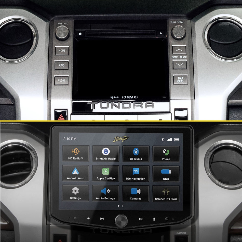 Stinger SR-TUN14HX before and after comparison of original Tundra stereo and new touchscreen unit