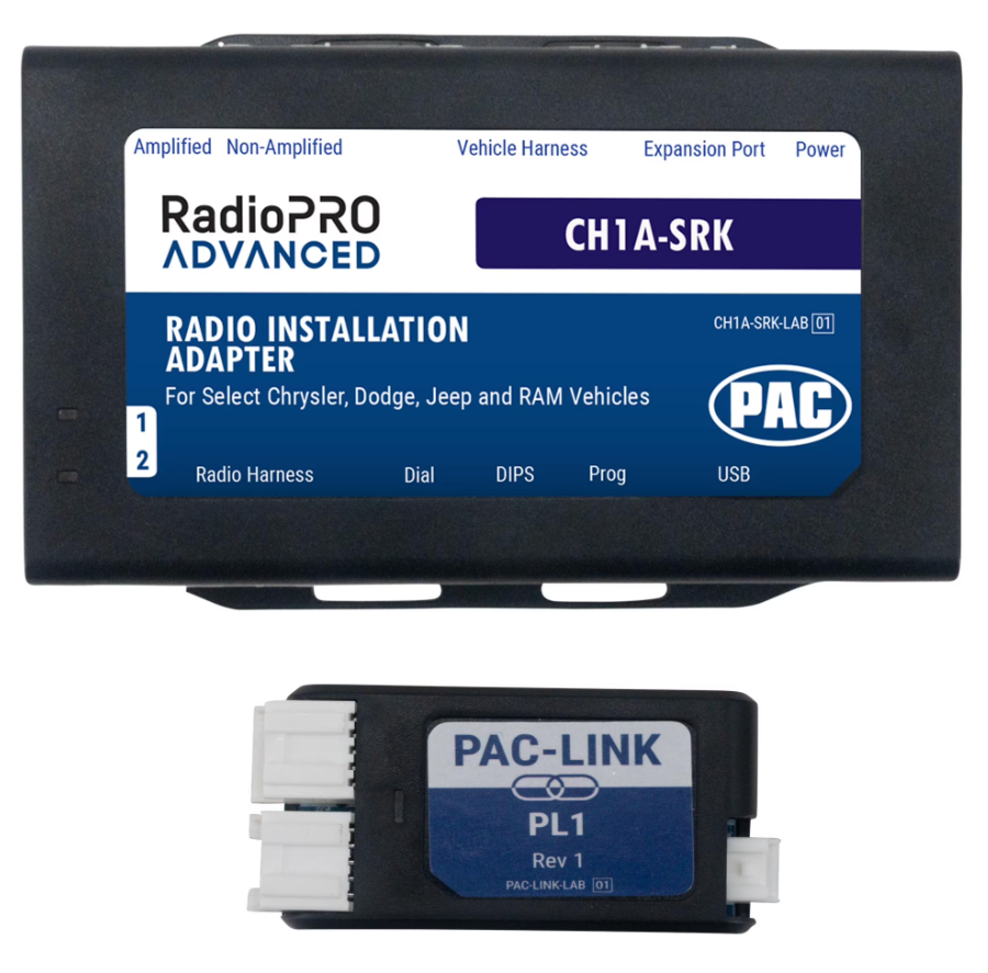 Stinger SRK-JK11HX kit, RadioPRO Advanced adapter and PAC-Link module stacked view