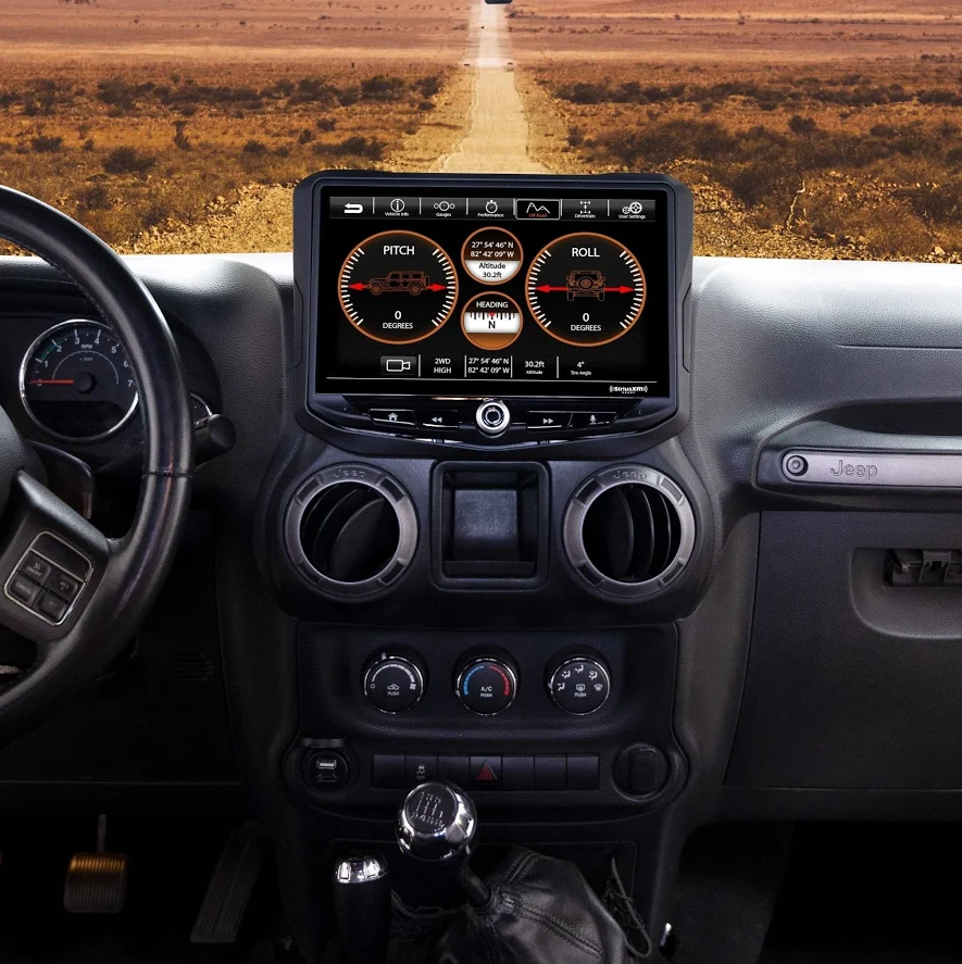Stinger SRK-JK11HX kit, installed touchscreen showing pitch and roll display in Jeep