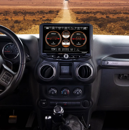 Stinger SRK-JK11HX kit, installed touchscreen showing pitch and roll display in Jeep