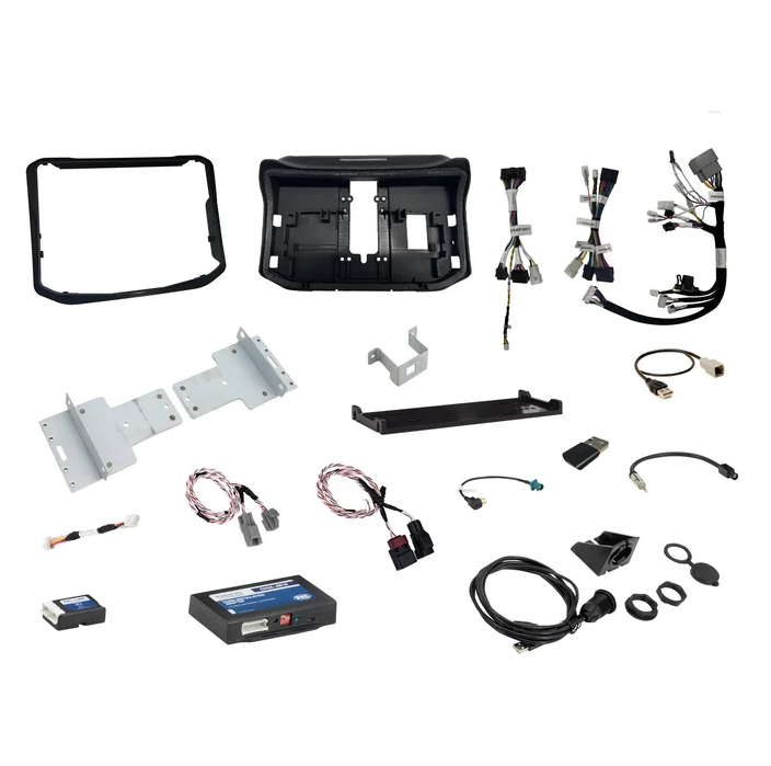 Stinger SRK-JK11HX kit, full parts layout with dash trim, brackets, harnesses, and cables