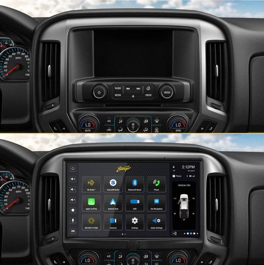 Stinger SRX-GM14128 HORIZON12, before and after comparison of stock dash panel versus installed touchscreen home menu