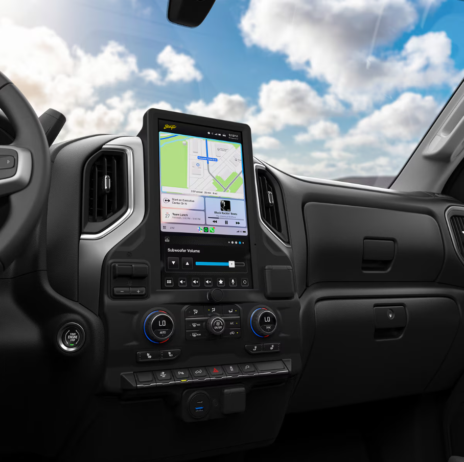 Stinger SRX-GM19128 HORIZON12, installed touchscreen displaying navigation map and music playback