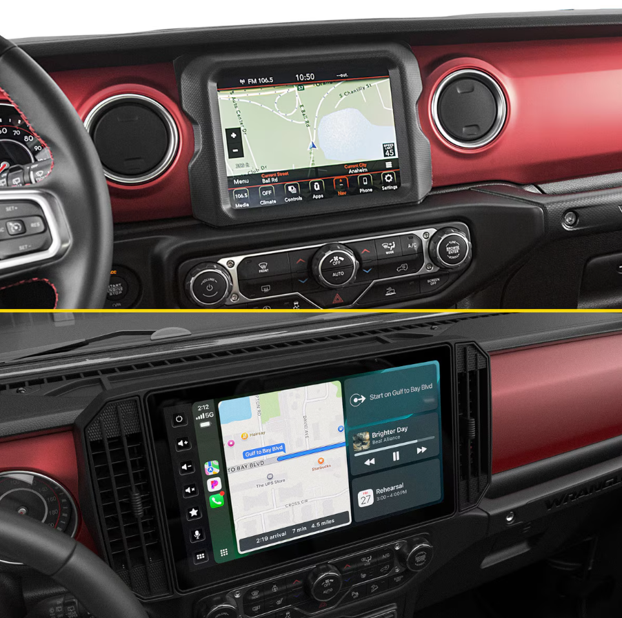Stinger HORIZON12 comparison image, original factory screen above and HORIZON12 unit installed below