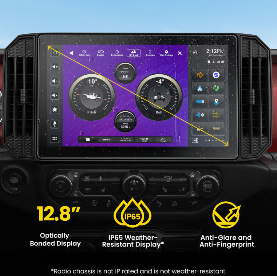 Stinger HORIZON12 installed in Jeep dashboard, waterproof display with water droplets visible on screen