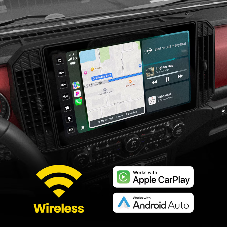 Stinger HORIZON12 installed in Jeep dashboard, screen showing Apple CarPlay and Android Auto navigation