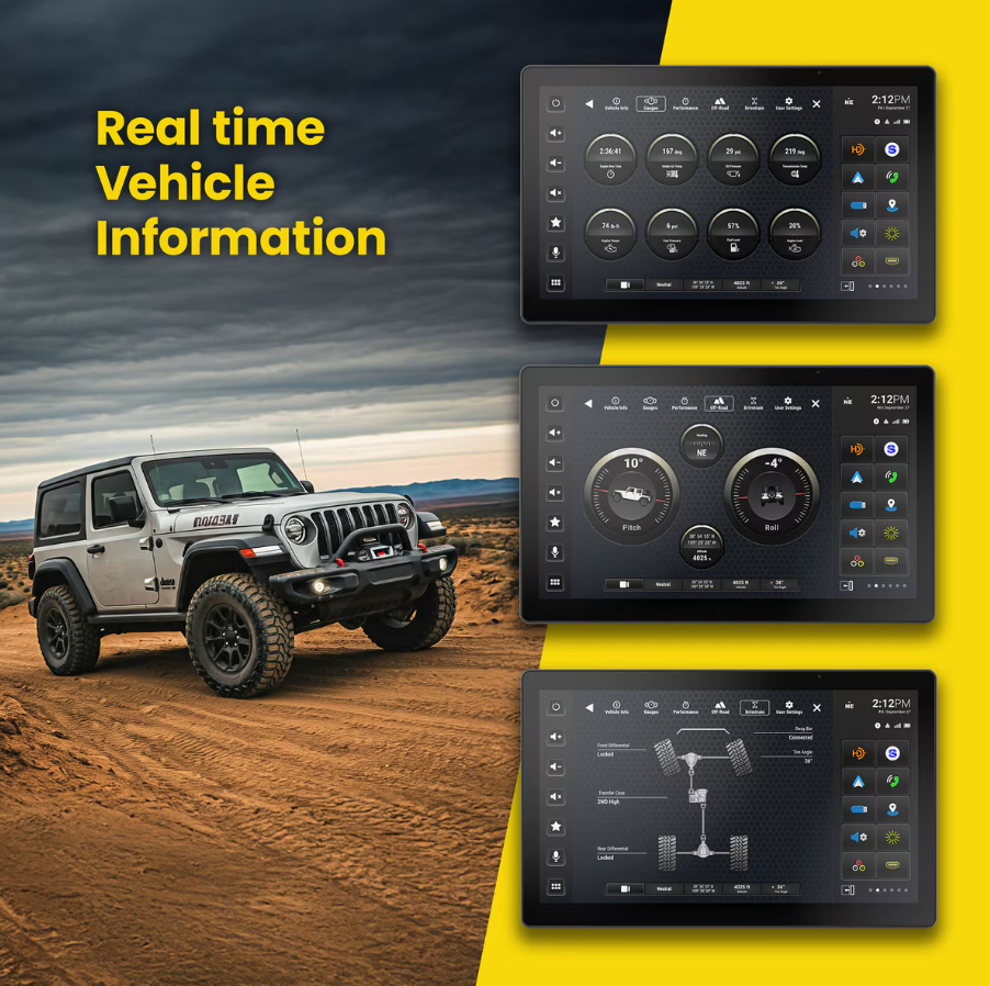 Stinger HORIZON12 lifestyle image with Jeep Wrangler outdoors and three screen displays shown