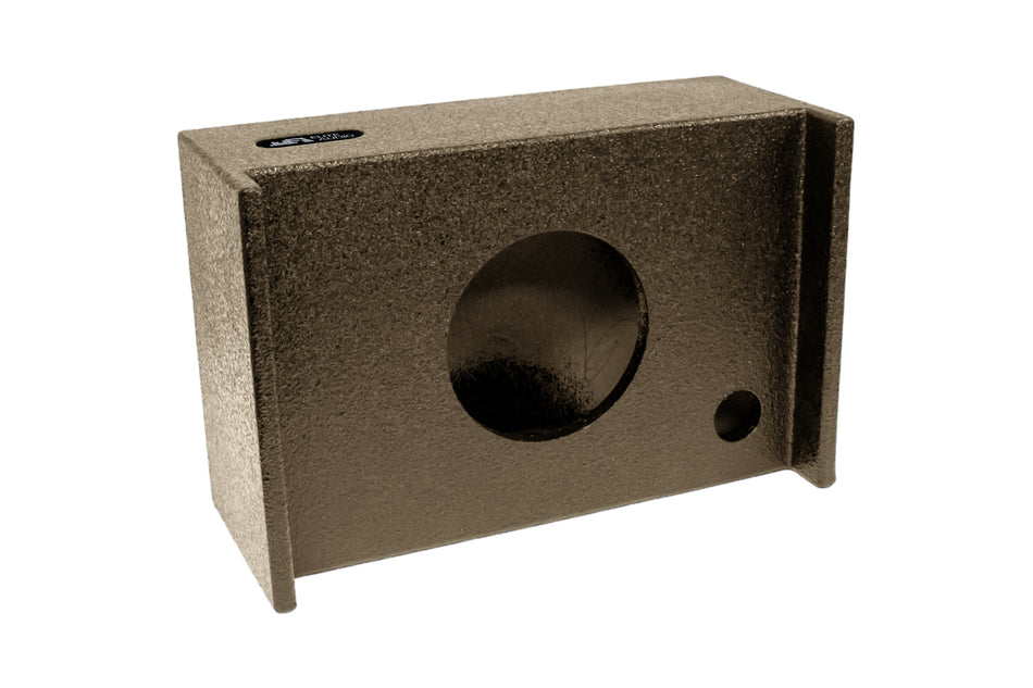 A single 8-inch sealed truck downfire subwoofer box with a bed liner spray finish in a gray color.