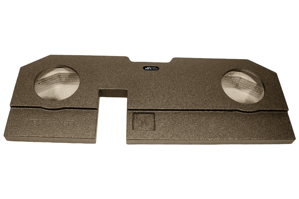 Dual 10-inch sealed subwoofer enclosure made of MDF with a bed liner spray finish, designed for a Dodge RAM 2019+ Classic Body.