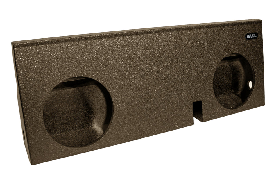 Dual 12-inch sealed subwoofer enclosure made of MDF for Toyota Tacoma 2005+ Crew Cab with a bed liner spray finish.