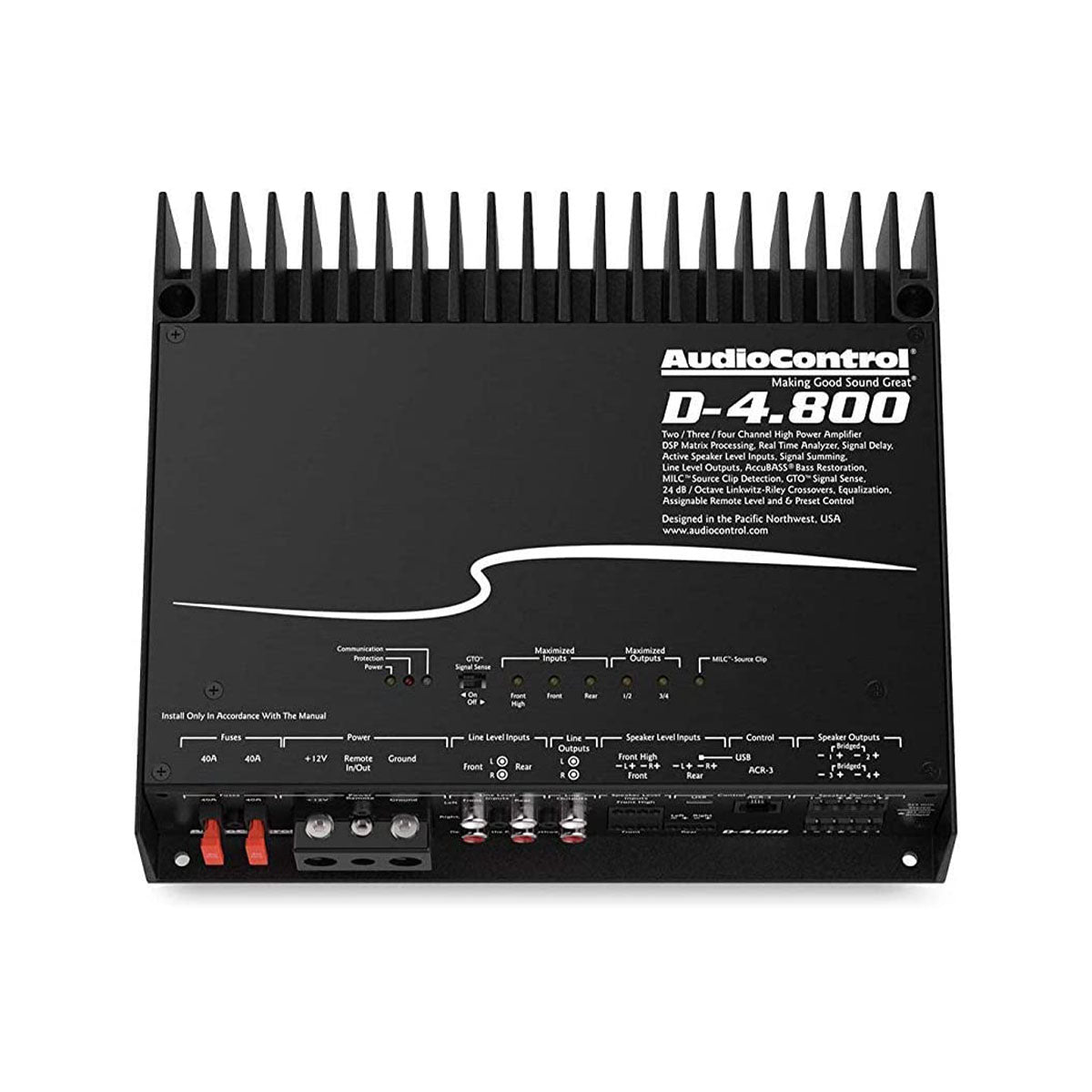 AudioControl D-4.800, top view showing heatsink fins, labeled ports and control switches