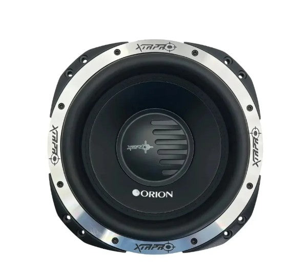 Orion XTRPRO804D subwoofer, front view showing cone, dust cap and Orion logo badge
