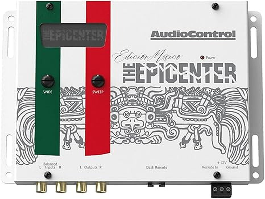 AudioControl EPICENTER, front view showing display, wide and sweep knobs and input jacks