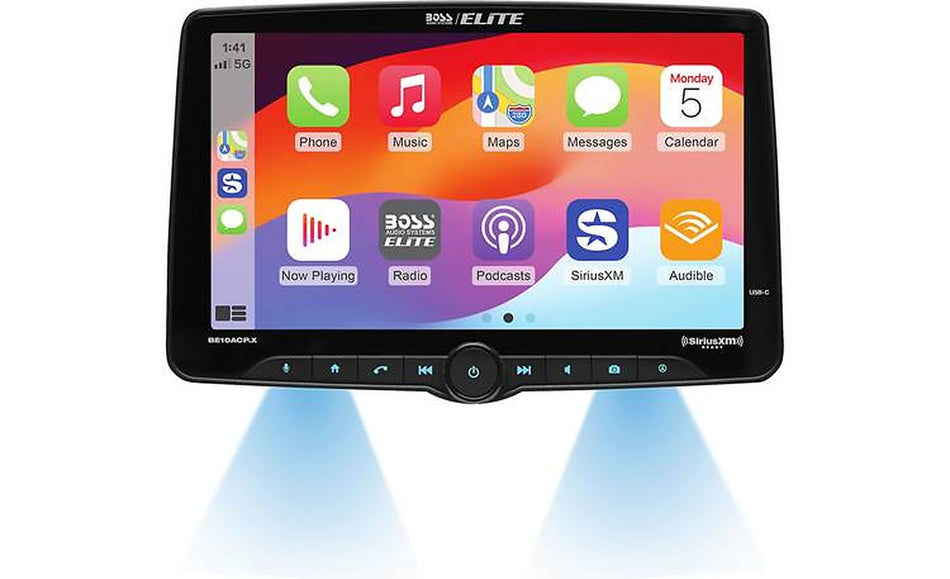 BOSS Audio Elite BE10ACP.X, front view of touchscreen showing app icons and control buttons