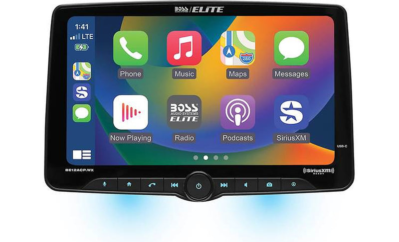 Boss Audio BE12ACP.WXC, front view of touchscreen showing CarPlay app icons and buttons