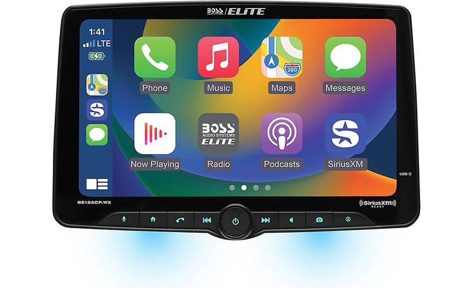 Boss Audio BE12ACP.WXC, front view of touchscreen showing CarPlay app icons and buttons