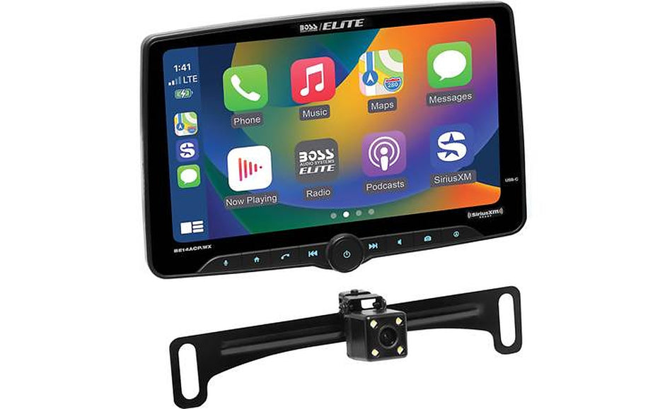 Boss Audio BE14ACP.WXC, angled view of touchscreen with CarPlay icons and included backup camera